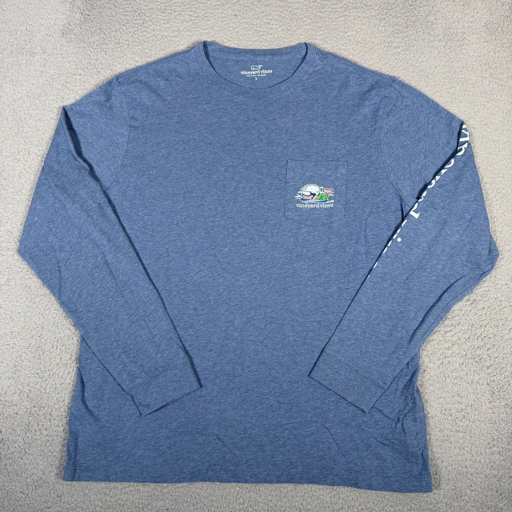 Vineyard Vines Shirt Mens Large Blue Snowboard Pocket Tee Whale Logo Long Sleeve